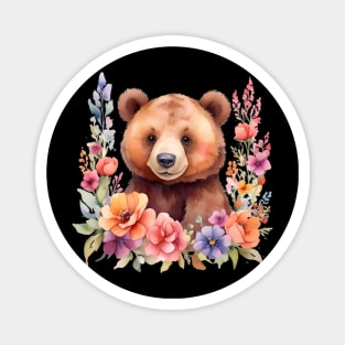 A brown bear decorated with beautiful watercolor flowers Magnet